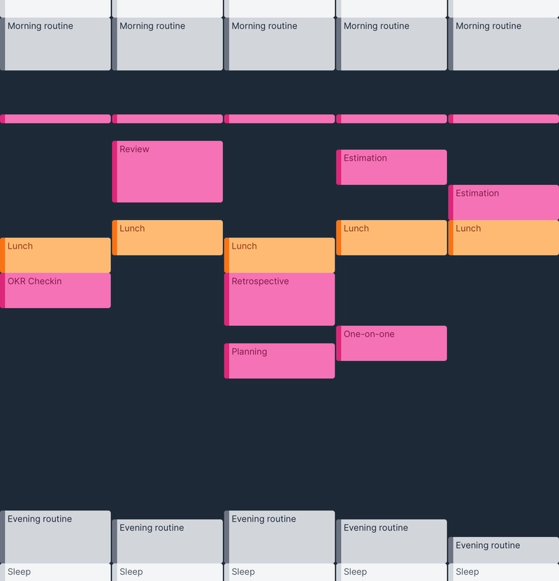 Minimalist calendar interface showing structured daily planning blocks